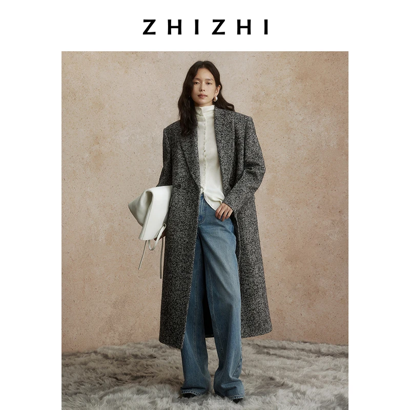 致知 金盏子 人字纹西装式长款女2024冬季新款通勤职ZZ2DWWWC018