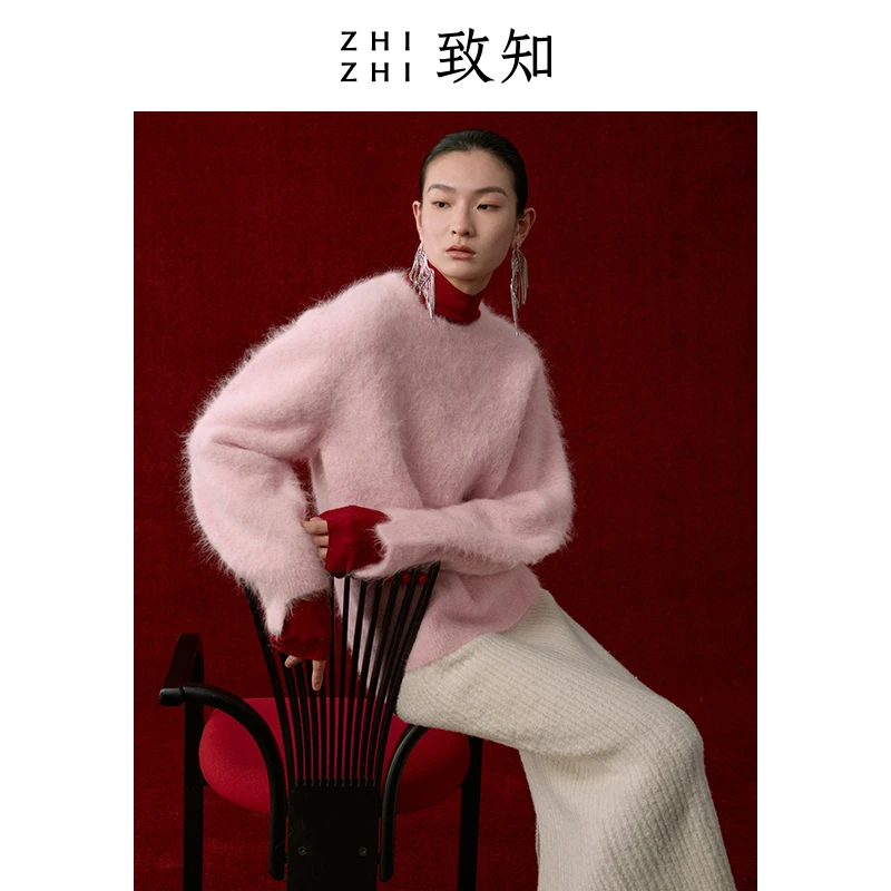 致知满庭芳 慵懒风毛衣女新款温柔宽松羊驼毛上衣粉色ZZ22WKZ7328