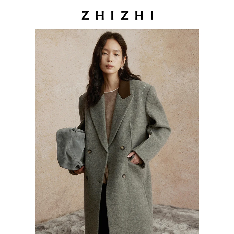 致知 地花鹰 双排扣西装式大衣女2024冬季新款高级感ZZ2DWWW8005