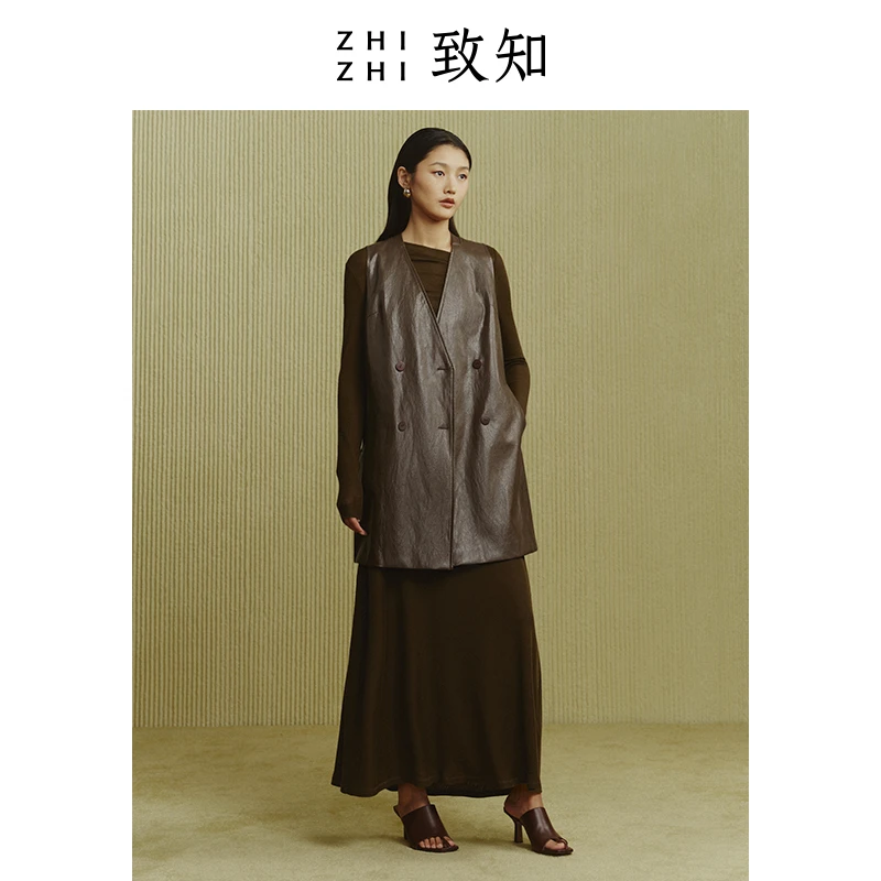 【温躲躲专享】致知 伊州令 皮革马甲女冬季双排扣复古ZZ2CWWVZ047