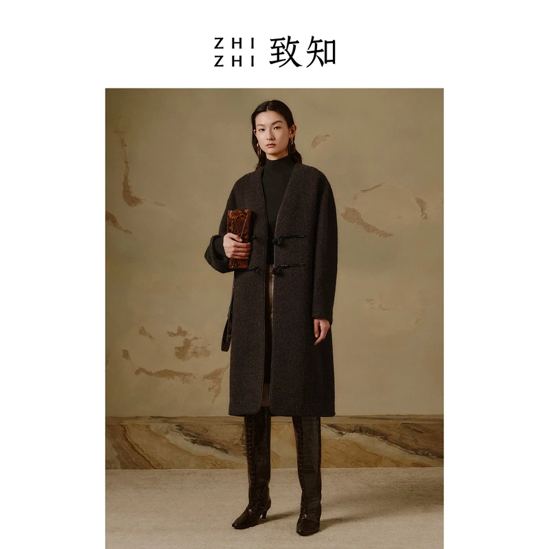 【叶可可专属】致知  栖曲牛角扣大衣女2023冬季新款休闲新中式外套