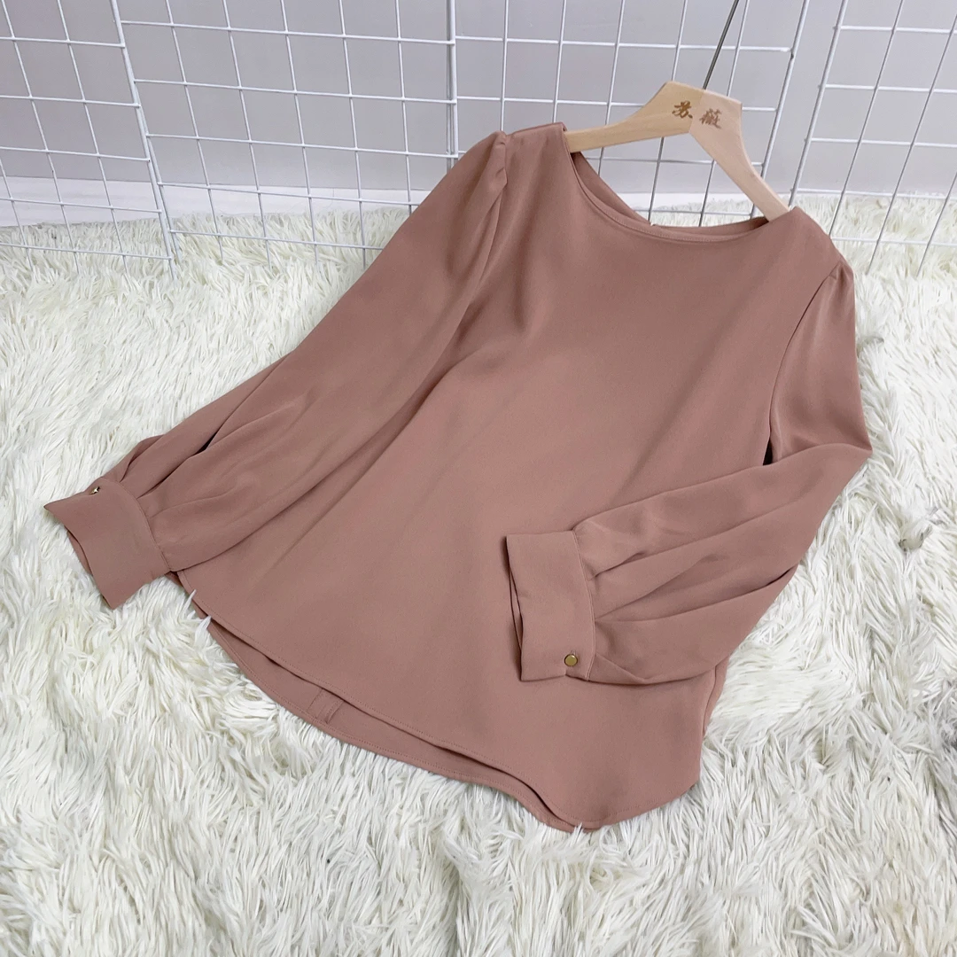 050 秋季粉橘色圆领长袖宽松雪纺衬衫 R050