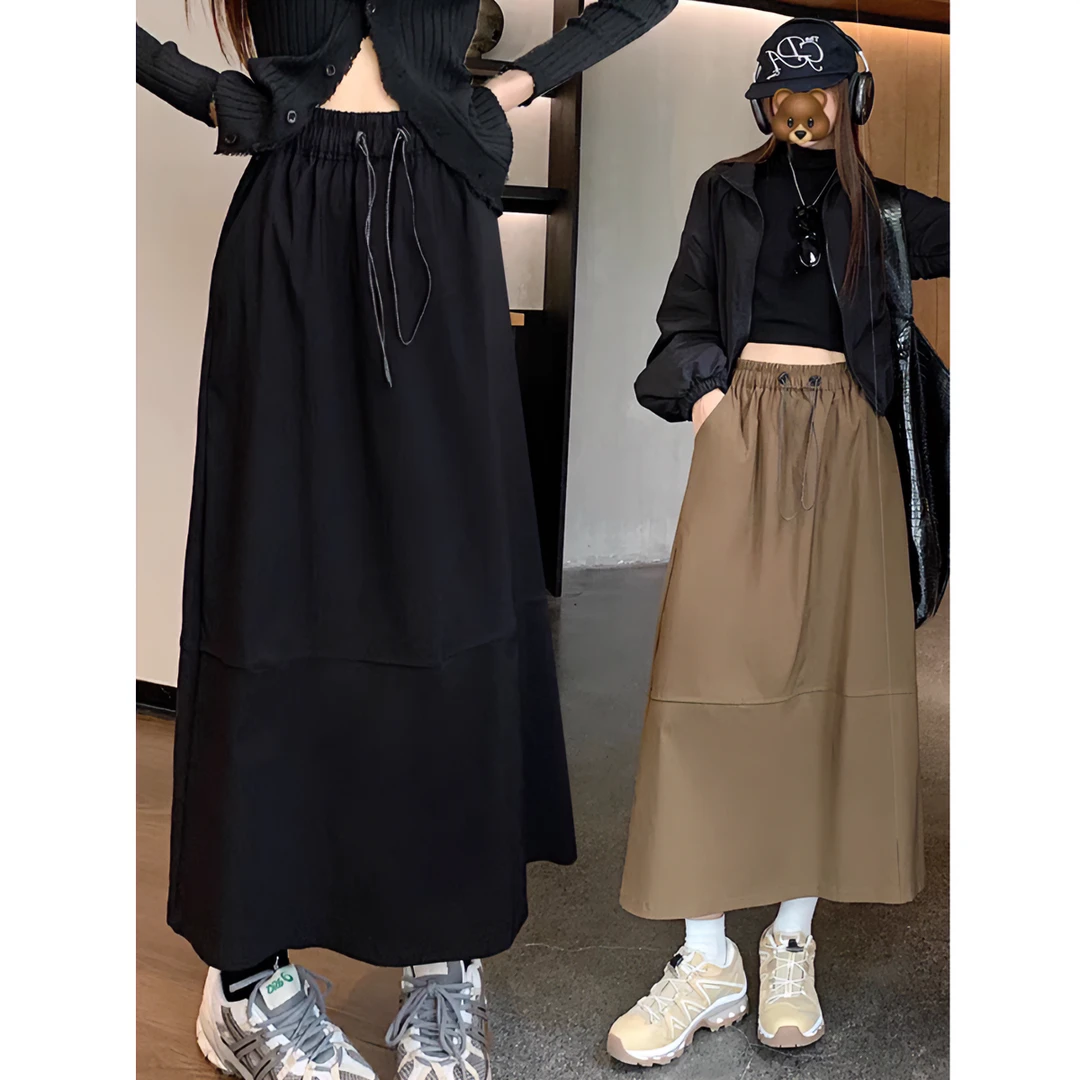 中长款复古半身裙女2024秋季新款胖mm高腰显瘦工装风抽绳A字长裙