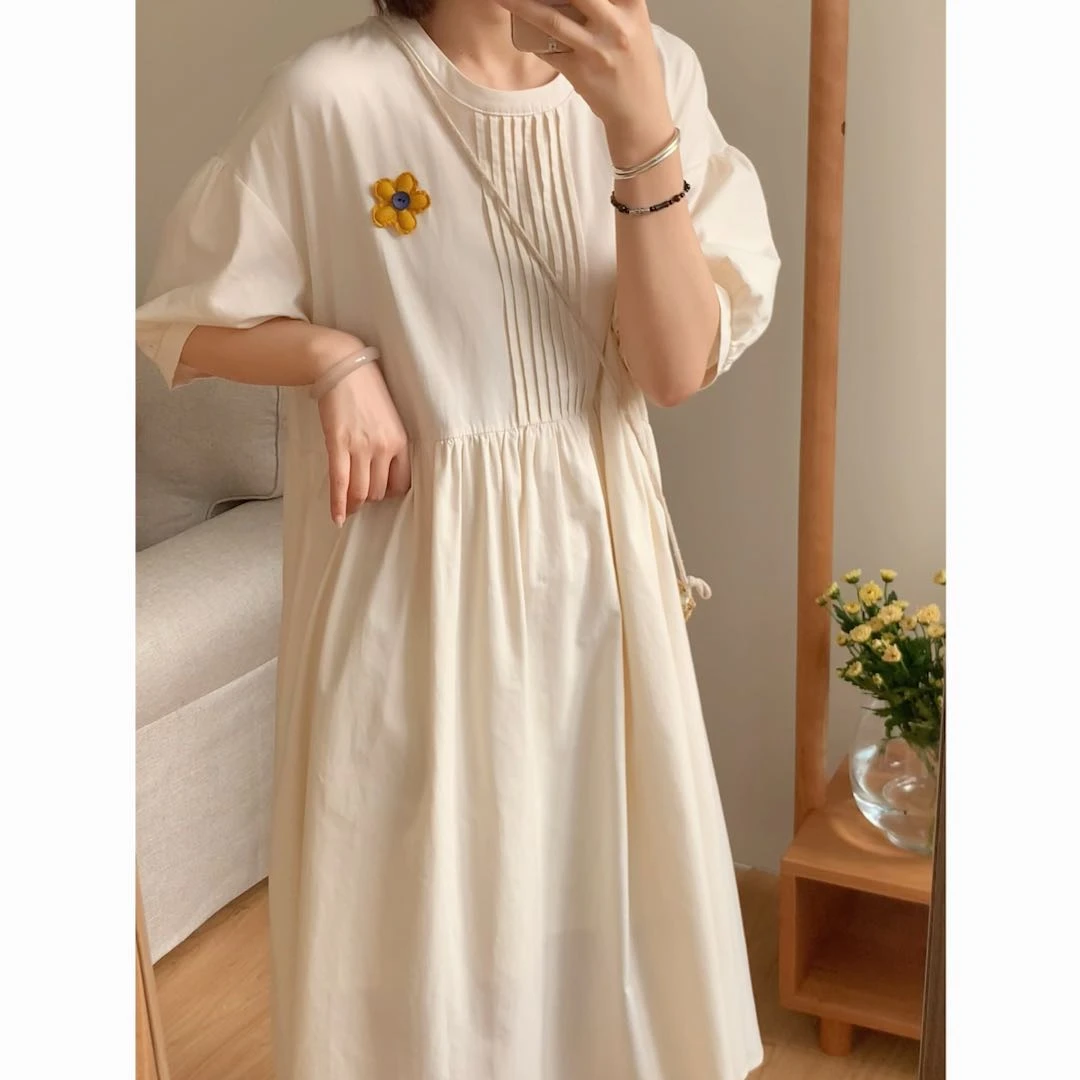 【向日葵】夏季甜美小花连衣裙宽松遮肉大裙摆裙子圆领显瘦短袖