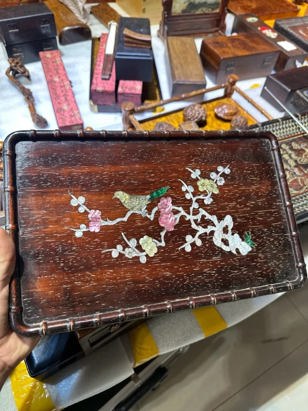 紫檀木 大边框竹节工艺 鸟踏花枝茶盘