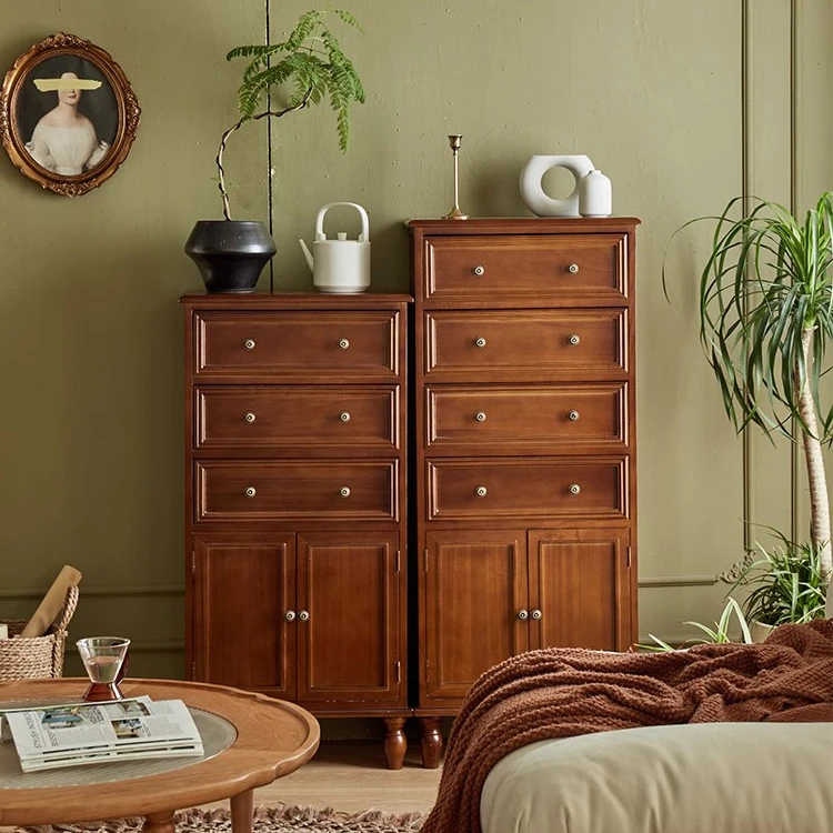 胡桃色实木收纳柜美式复古斗柜家用抽屉式储物柜简约床头柜免安装
