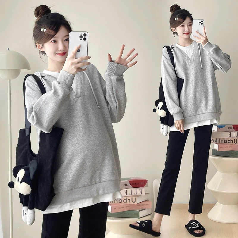 孕妇卫衣春秋款宽松连帽时尚孕妇装秋季孕期遮屁股假两件孕妈卫衣