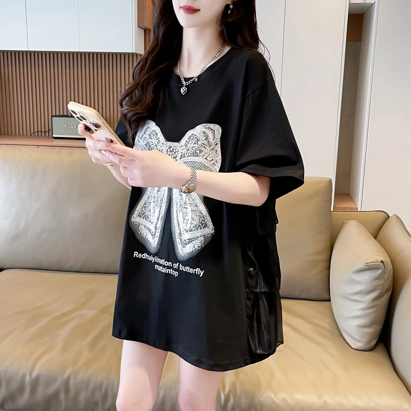 设计感蝴蝶结刺绣大码短袖T恤女2025夏季甜美减龄宽松中长款上衣