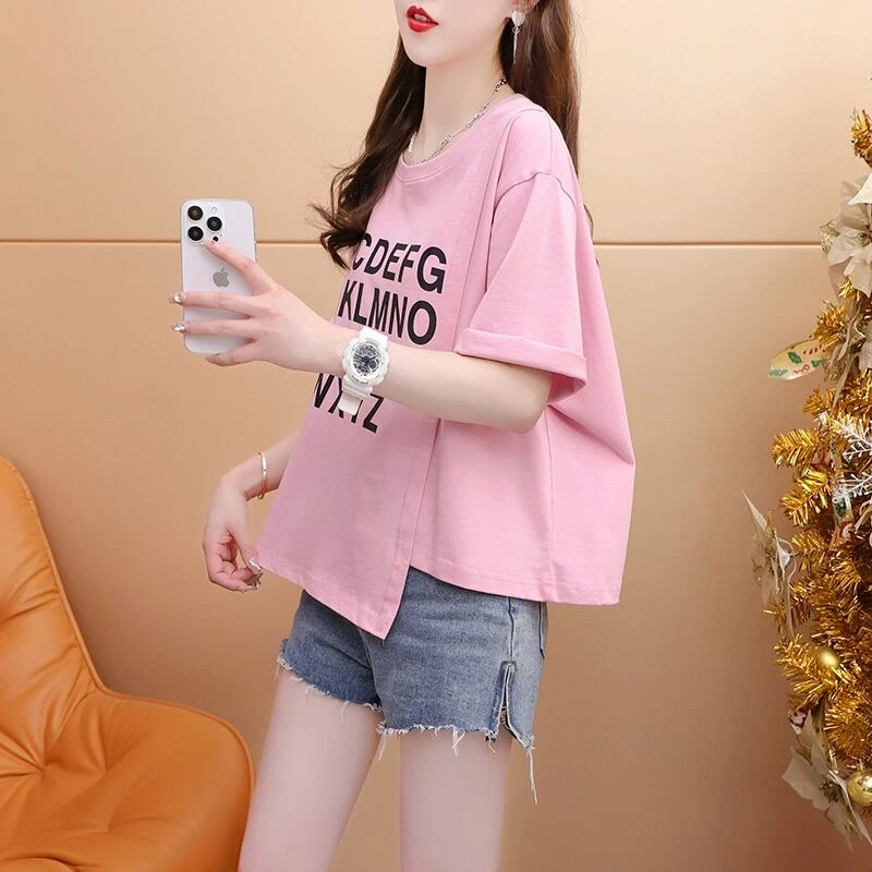 纯棉短袖正肩宽松t恤女潮大码夏季小衫短款设计感小众不规则上衣