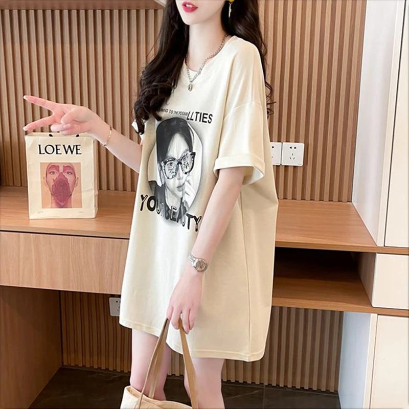 欧货大版中长款短袖t恤女洋气减龄夏季纯棉大码宽松胖mm遮肉上衣