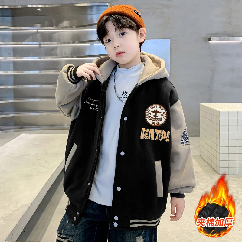 棒球服加绒外套秋冬款2024新款儿童加厚冬装棉服男童冬装外套