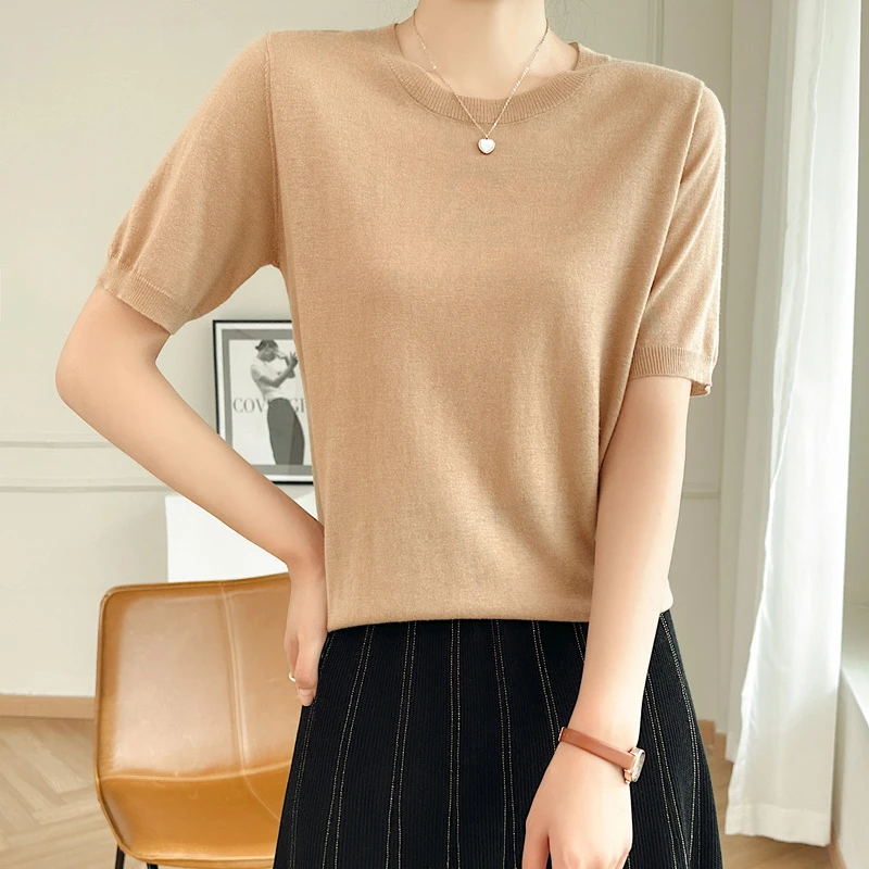 秋季100%纯羊毛衫短袖精纺薄款简约百搭针织衫半袖宽松打底衫女