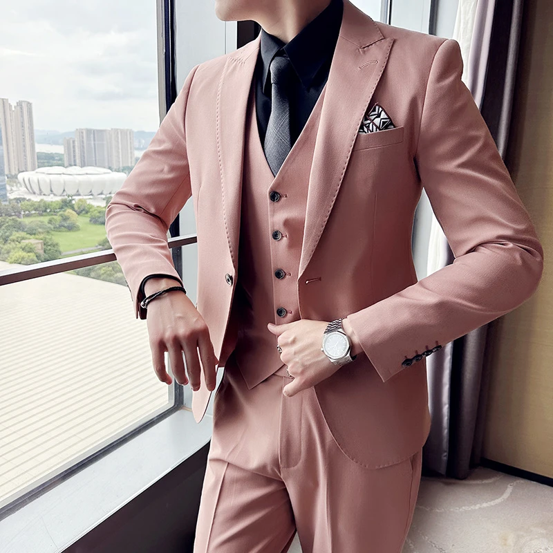 粉红色西服套装男士韩版修身休闲潮流小西装外套帅气新郎结婚礼服