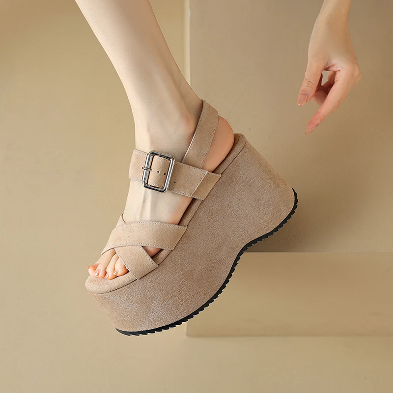 10CM真皮交叉带露趾凉鞋女2025夏季新款超高跟小个子增高时装凉鞋