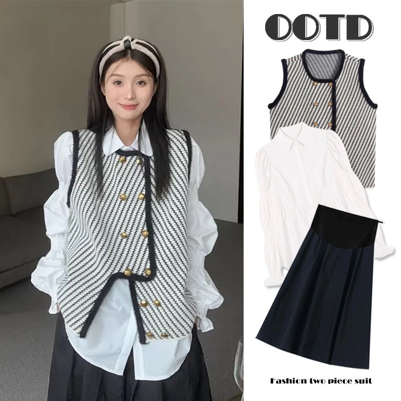 孕妇装设计感泡泡袖衬衣马甲2024年秋季新款托腹半身裙三件套装