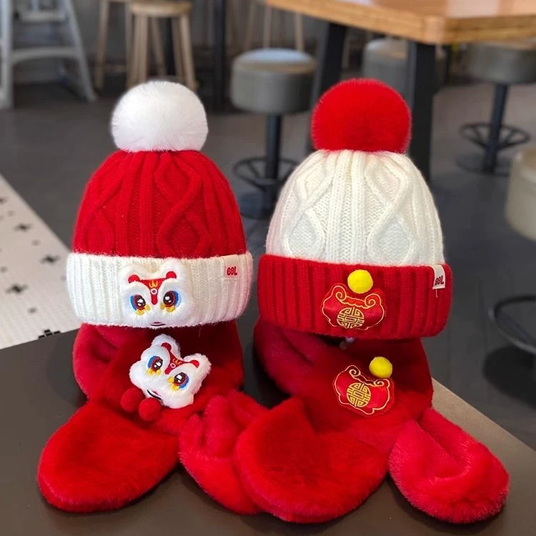 2023新款宝宝帽子围巾套装秋冬儿童针织毛线帽男童女童新年保暖男