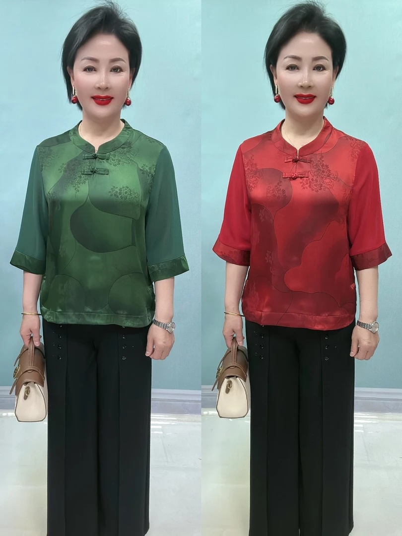 MS#2259桑蚕丝夏季复古中老年妈妈装小衫，衣长60