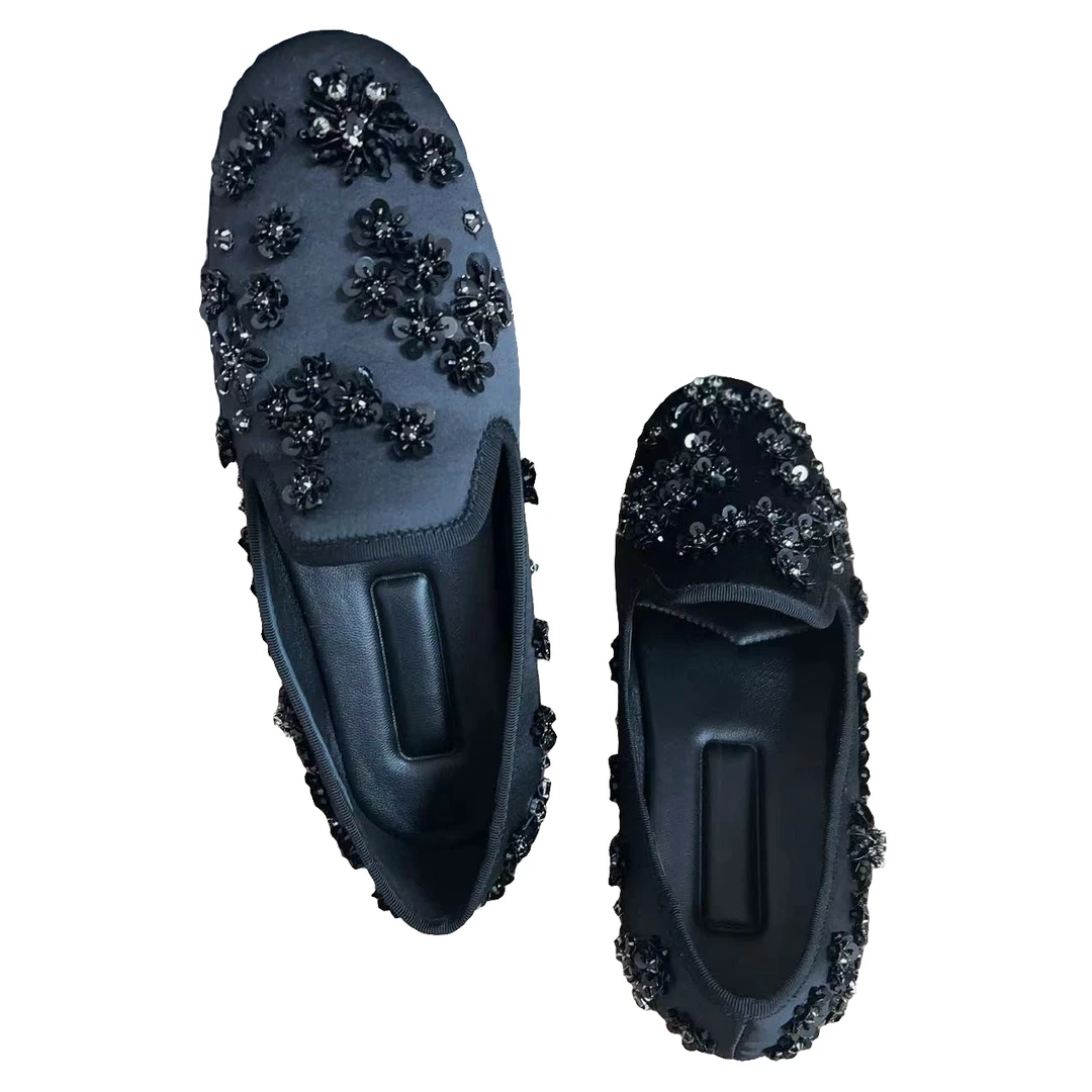 2024新款手工缝制时尚舒适百搭女士鞋子绸面手工玛丽珍珠珠鞋