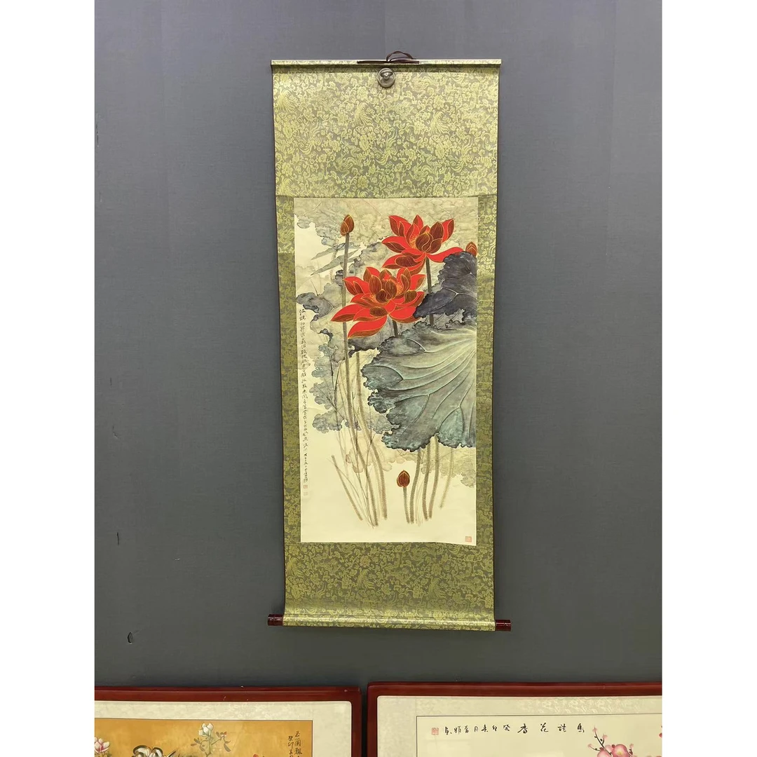 三尺《金线荷花》中堂玄关画走廊画办公装饰画卷画芯三尺软轴装裱