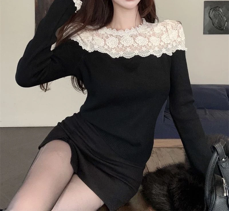 【ztx】修身显瘦领口蕾丝打底衫秋冬新款韩版气质毛衣