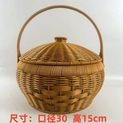 L6仿藤圆形手工编织野餐篮购物篮拜拜篮采摘篮