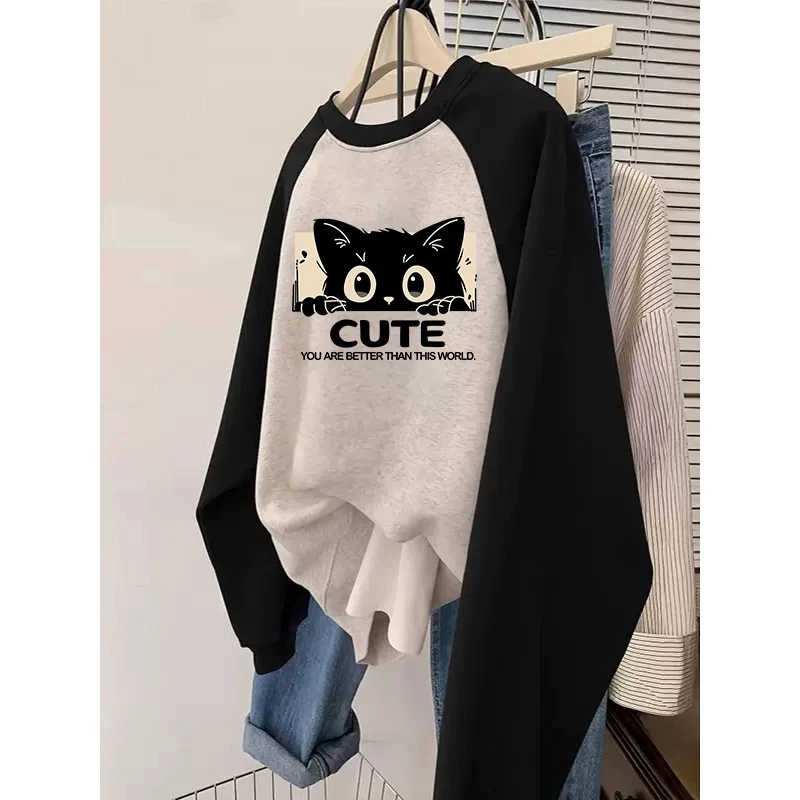 胖mm插肩袖圆领卫衣女2023秋冬加绒加厚大码宽松oversiz撞色上衣