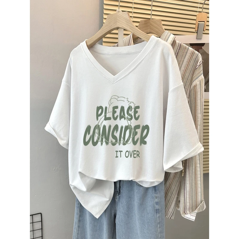 夏季纯棉宽松胖mm短袖t恤女ins潮大码300斤情侣装遮肚显瘦V领上衣