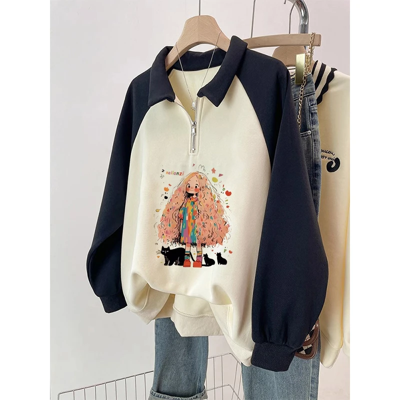 半拉链polo领卫衣女2024新款秋冬加绒加厚宽松美式复古插肩上衣潮