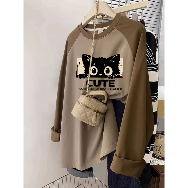 胖mm长袖T恤女秋季2023新款设计感小众大码体恤宽松纯棉内搭上衣