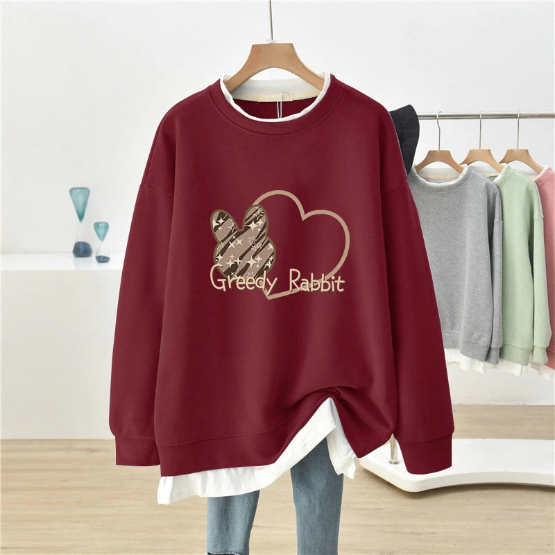 假两件薄款卫衣女2023春秋新款大码200斤胖mm宽松显瘦遮肚上衣服