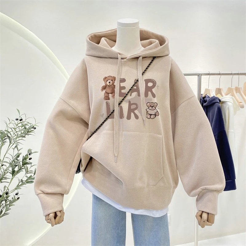 胖mm美式连帽卫衣女款秋冬2024新款大码宽松oversize加绒小熊外套