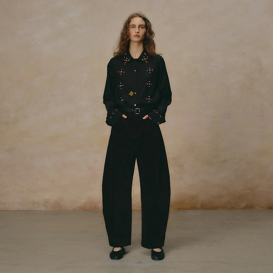 INTHELI纯棉灯芯绒香蕉廓形长裤