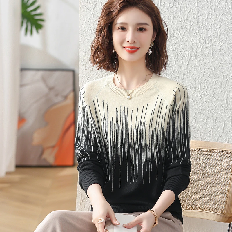 中年妈妈春装打底衫休闲针织毛衣中老年女装2024春秋长袖洋气上衣