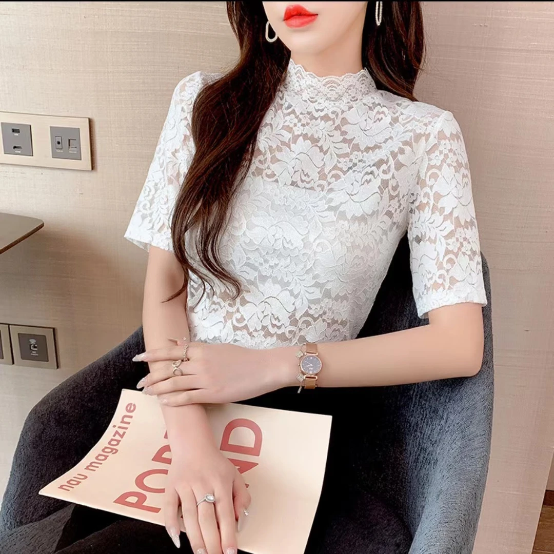 2212牡丹花蕾丝打底衫春夏时尚半高领蕾丝半袖显瘦气质镂空蕾丝衫