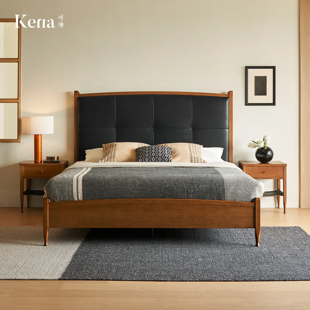 Kena可纳/良木复古实木黑色薄床头主卧法式中古轻奢简约双人皮床Z