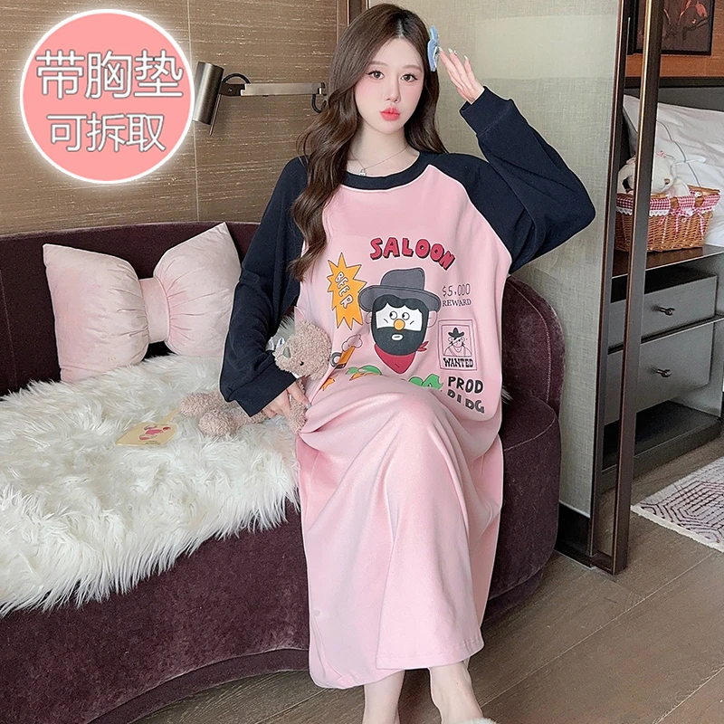 带胸垫睡裙春秋冬季长袖宽松连体大码睡衣女可外穿家居服连衣裙