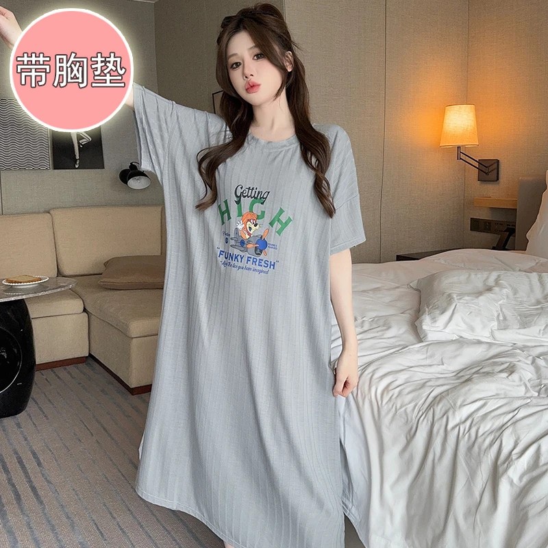 莫代尔睡衣女夏季甜美带胸垫短袖薄款宽松睡裙加大码300斤家居服
