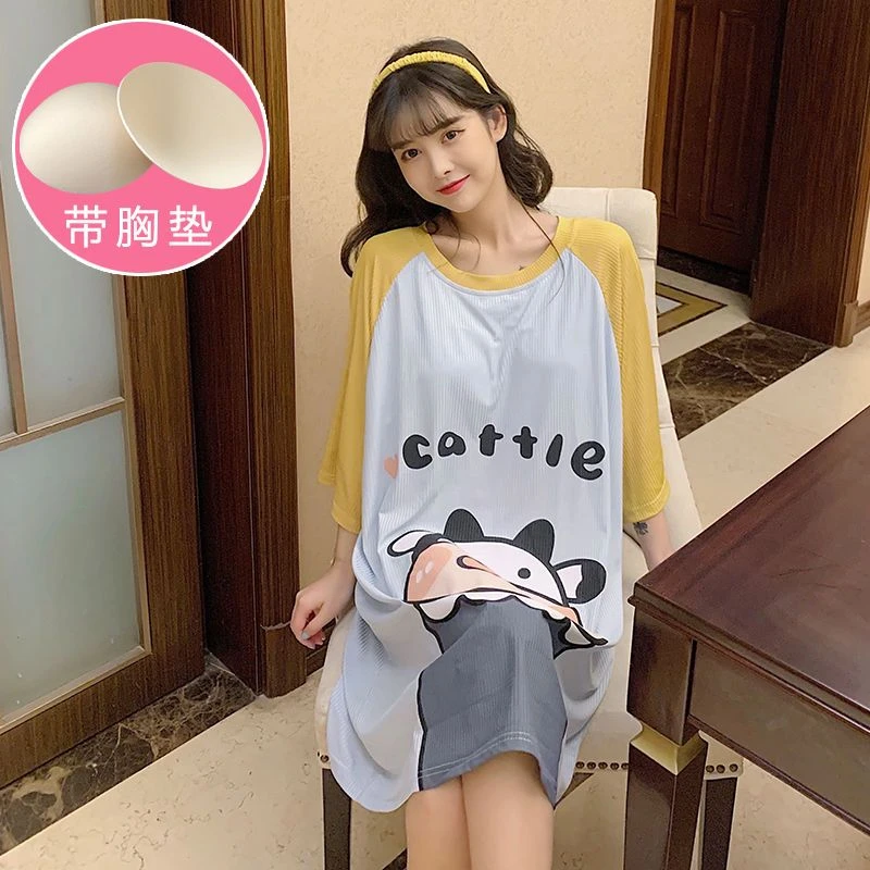 夏季宽松中长款睡裙女士大码夏天短袖可爱卡通薄款带胸垫孕妇睡衣