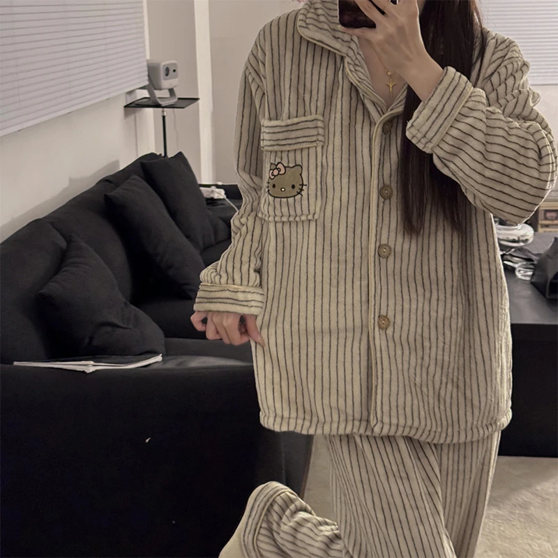 法兰绒条纹格子加厚睡衣女套装春秋冬季新款慵懒风宽松外穿家居服