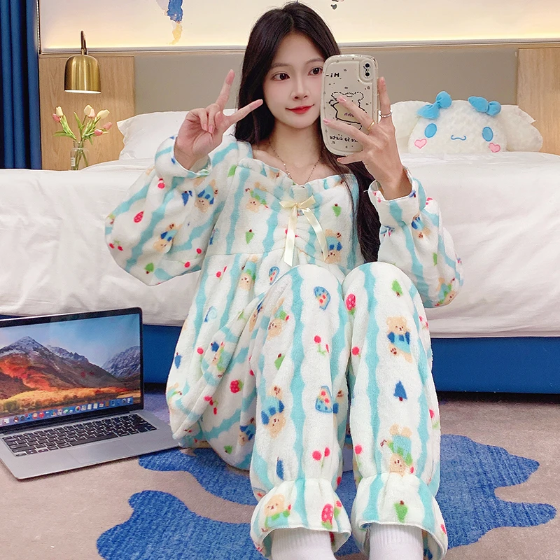 睡衣女秋冬季珊瑚绒套装加厚少女士宽松学生加绒法兰绒甜美家居服
