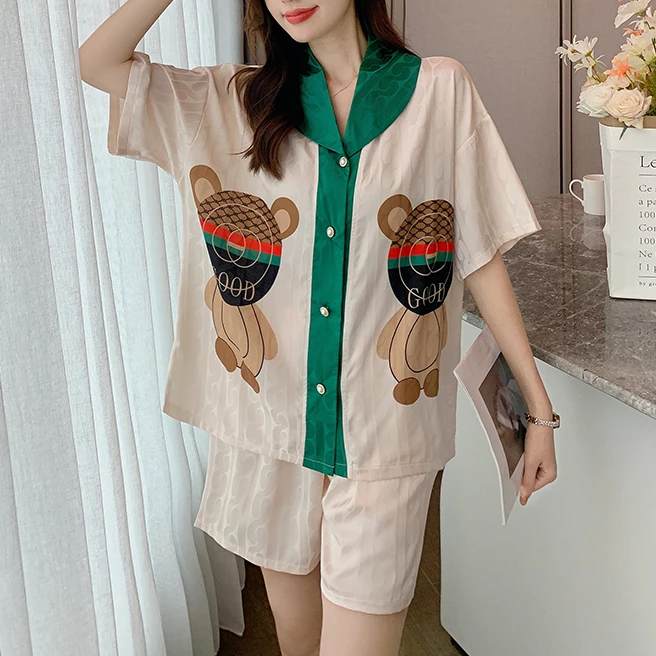 夏天冰雪丝提花睡衣女套装2024夏季短袖时尚女士大码家居服可外穿