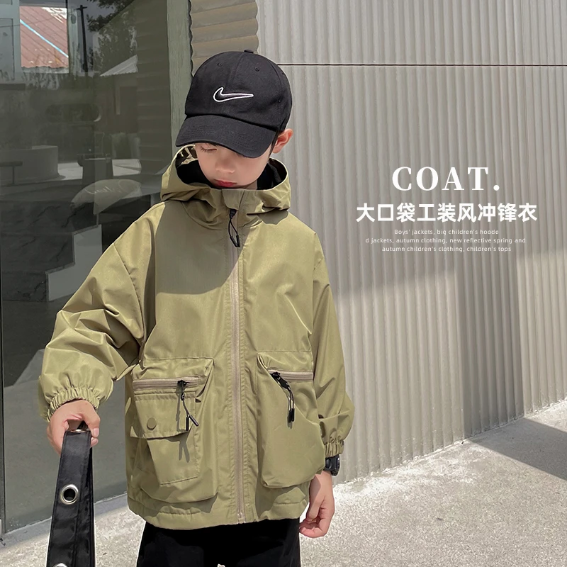 【现货-工装大口袋】男童潮流休闲风外套中大童连帽冲锋衣|22cd09