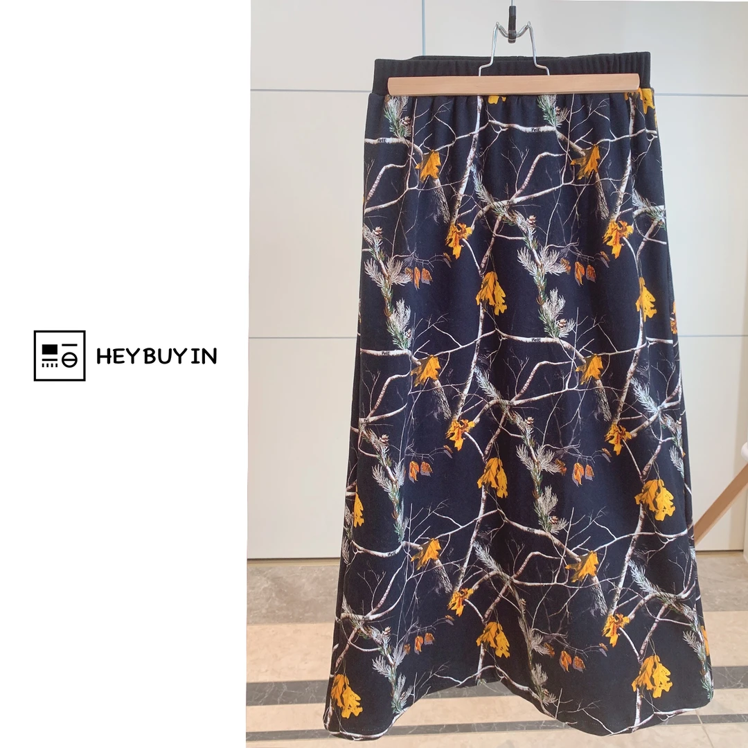 HEYBUYIN【花间酒半身裙】原创纯棉松紧腰印花开叉设计感女装半身裙