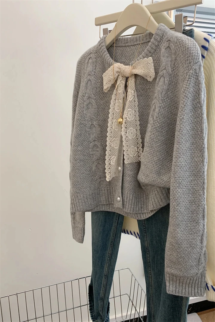 气质灰色蝴蝶结针织开衫毛衣外套女士小个子短款宽松慵懒风高级感