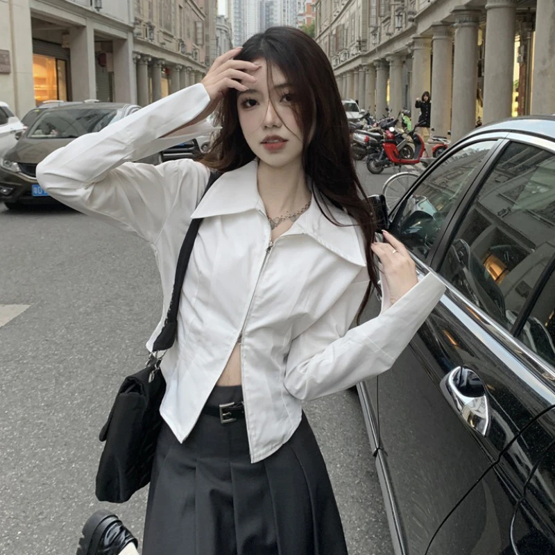 韩国chic白色法式气质双拉链叠穿设计款翻领长袖短款不规则衬衫