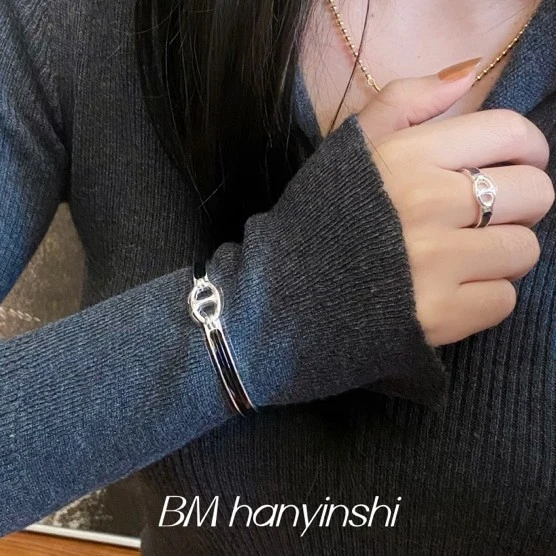 925银手镯 日系小众基础款猪鼻子戒指套装韩版时尚设计感手镯