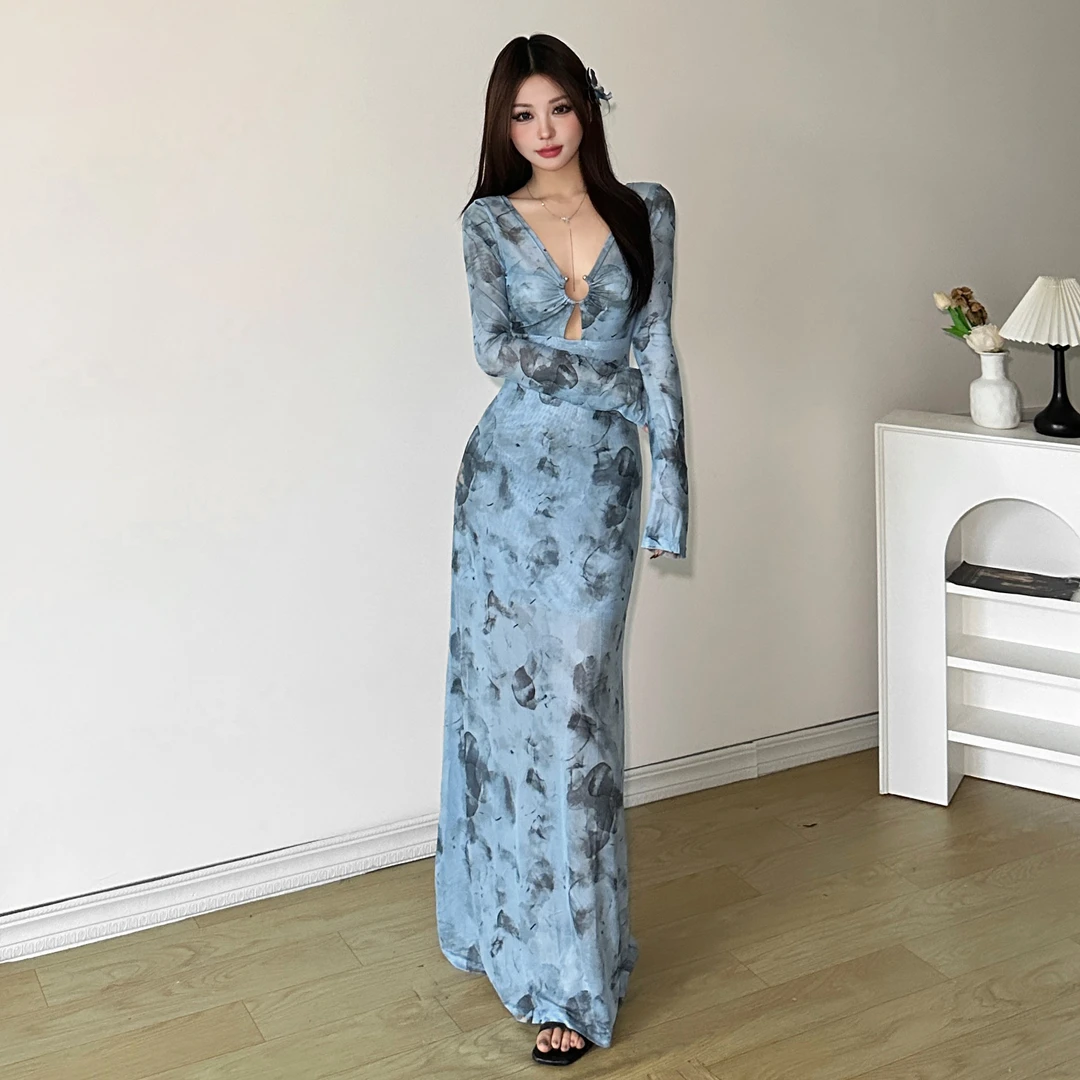 Malou温柔茶歇风小性感镂空修身连衣裙女 水墨晕染长裙K24D51053