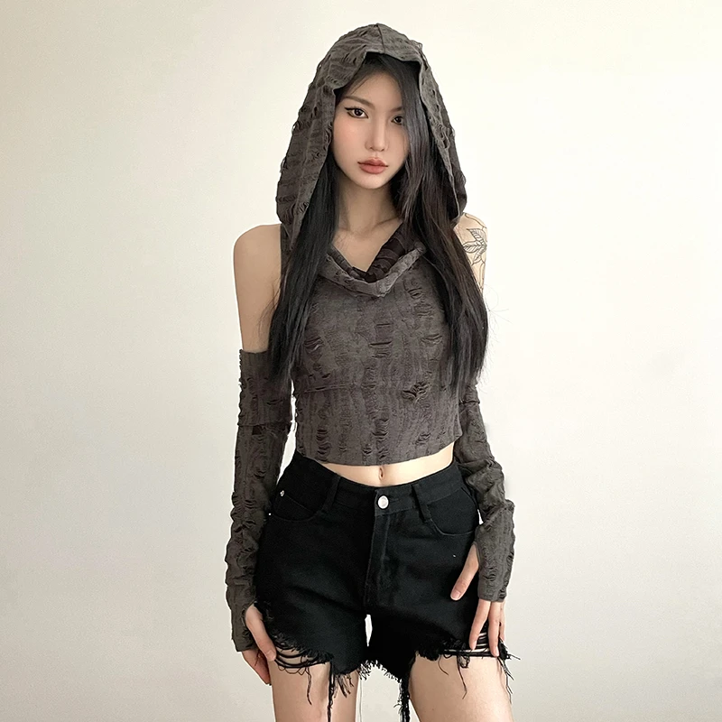 Malou 复古废土风磨破连帽背心带袖套显瘦高腰辣妹上衣K23L32001