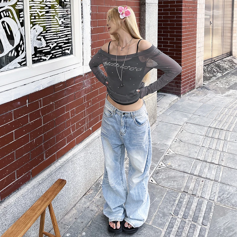 Malou 街头潮流ins烫钻百搭显瘦T恤女 薄纱性感长袖上衣K24L50036