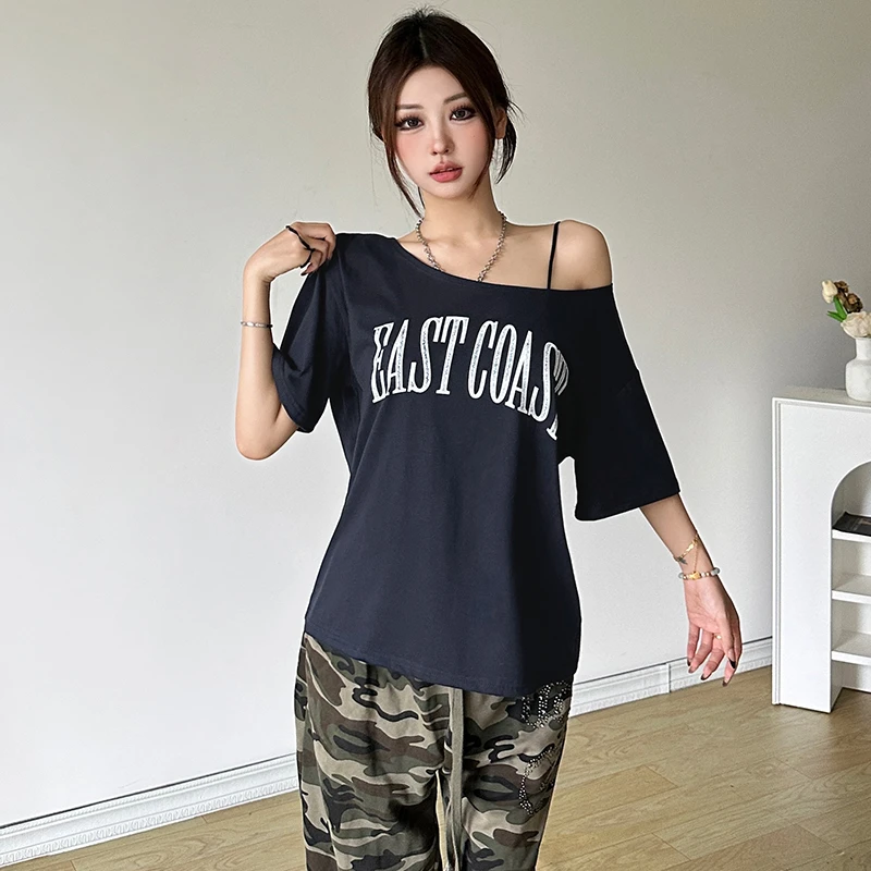 Malou 美式街头宽松圆领T恤女 ins复古字母印花显瘦上衣K24L48995